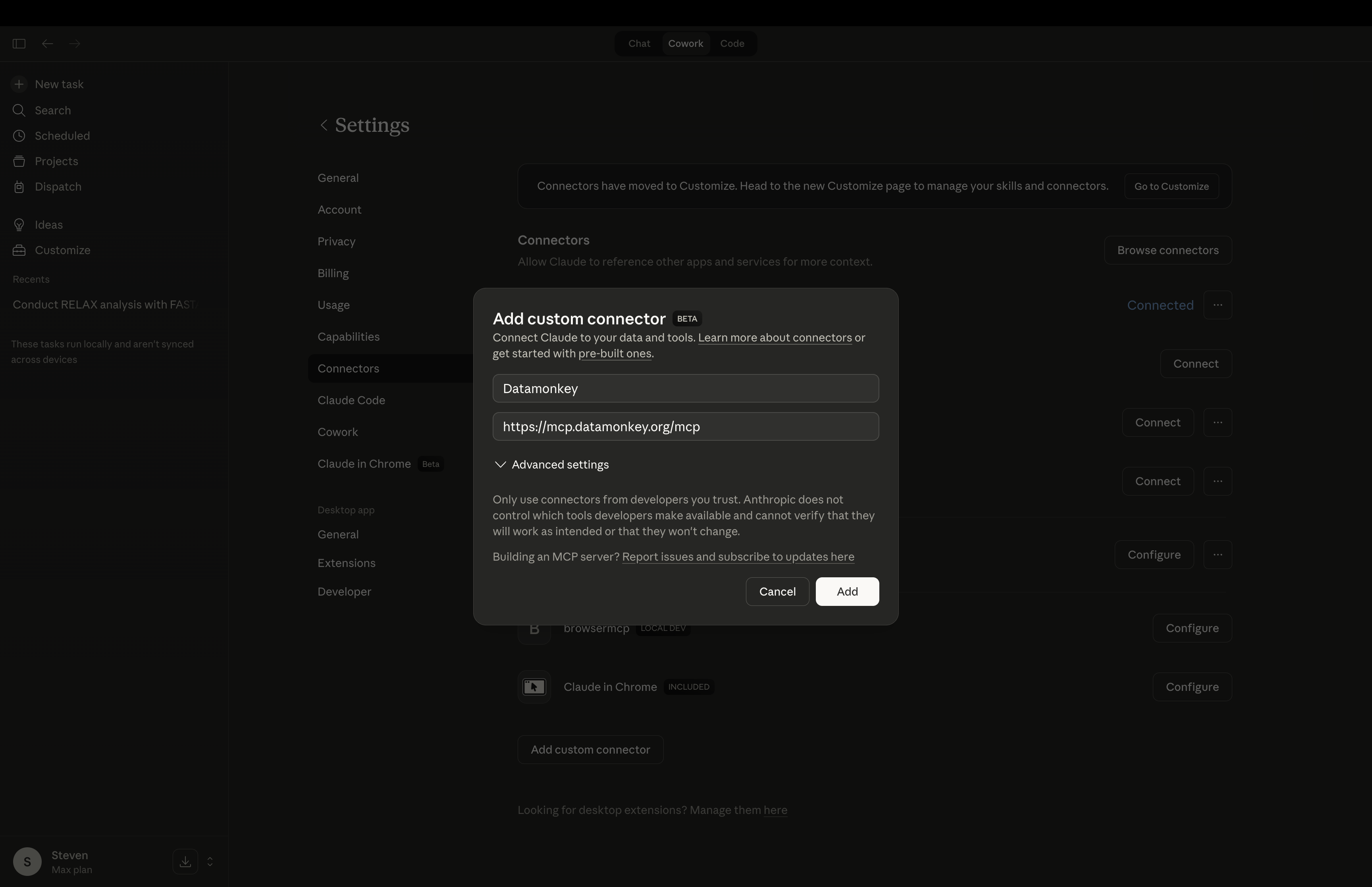 Adding the Datamonkey MCP connector in Claude Cowork settings