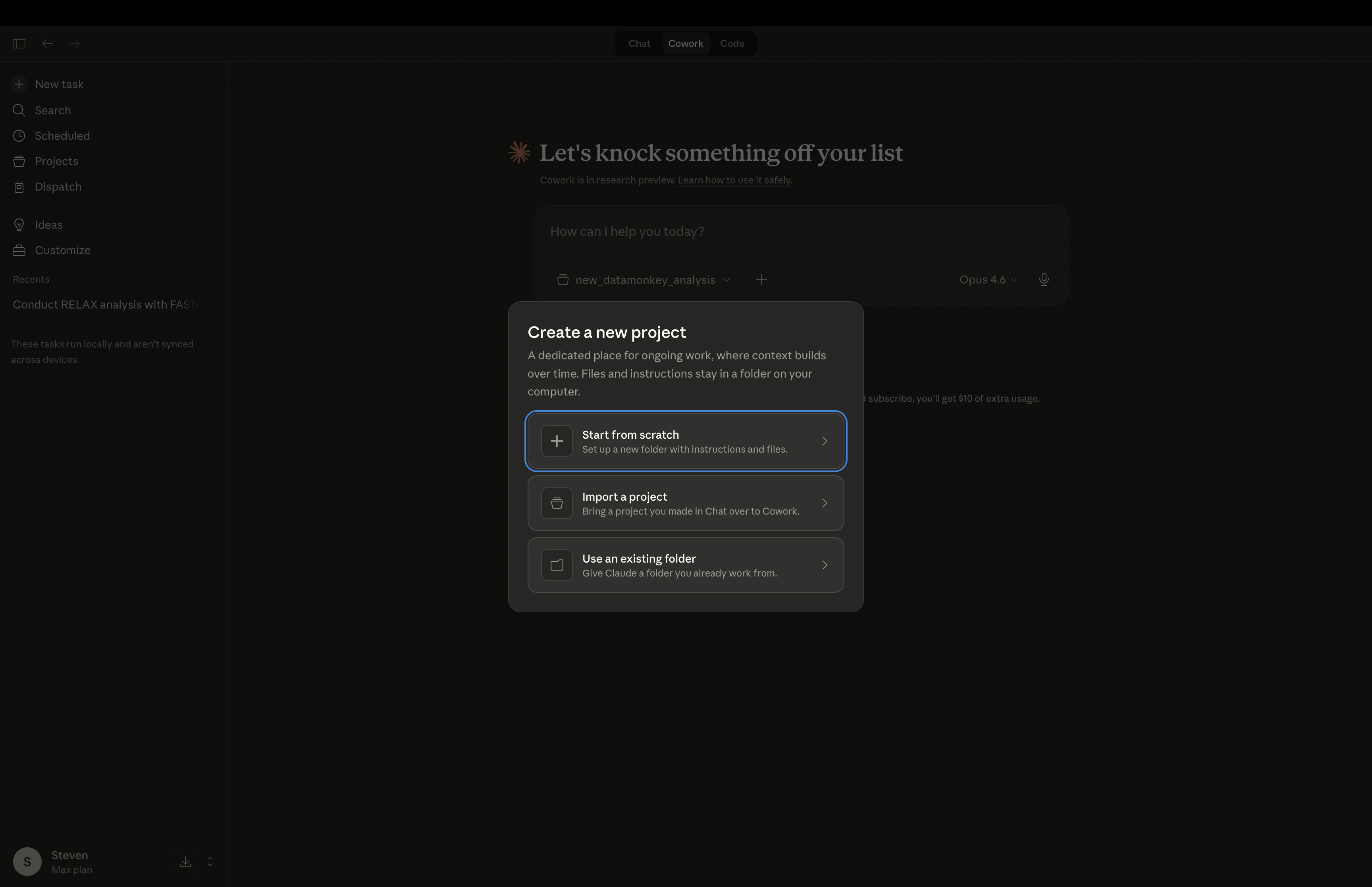 Creating a new Cowork project