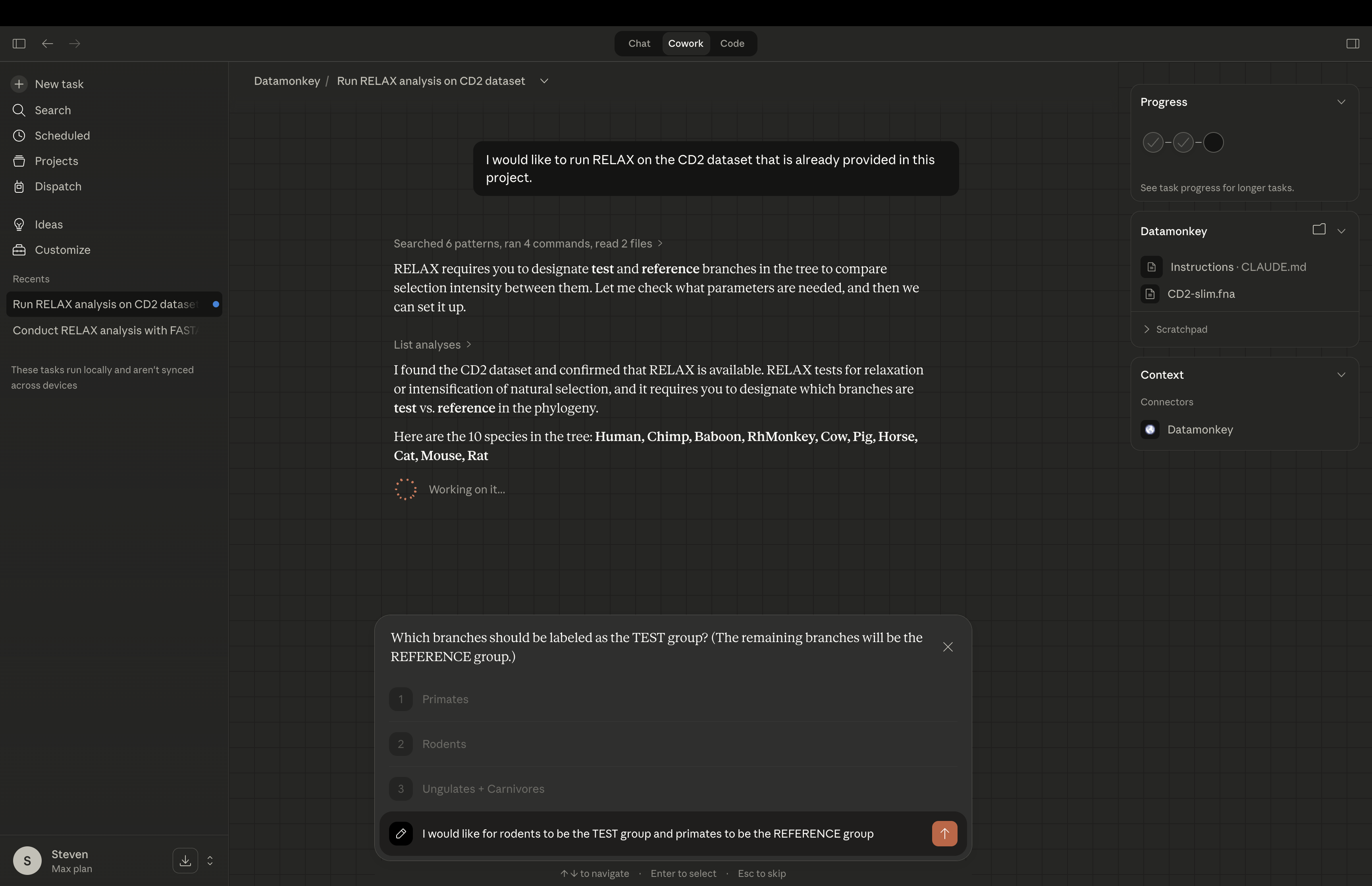 Claude identifying branches and asking about test/reference group assignment