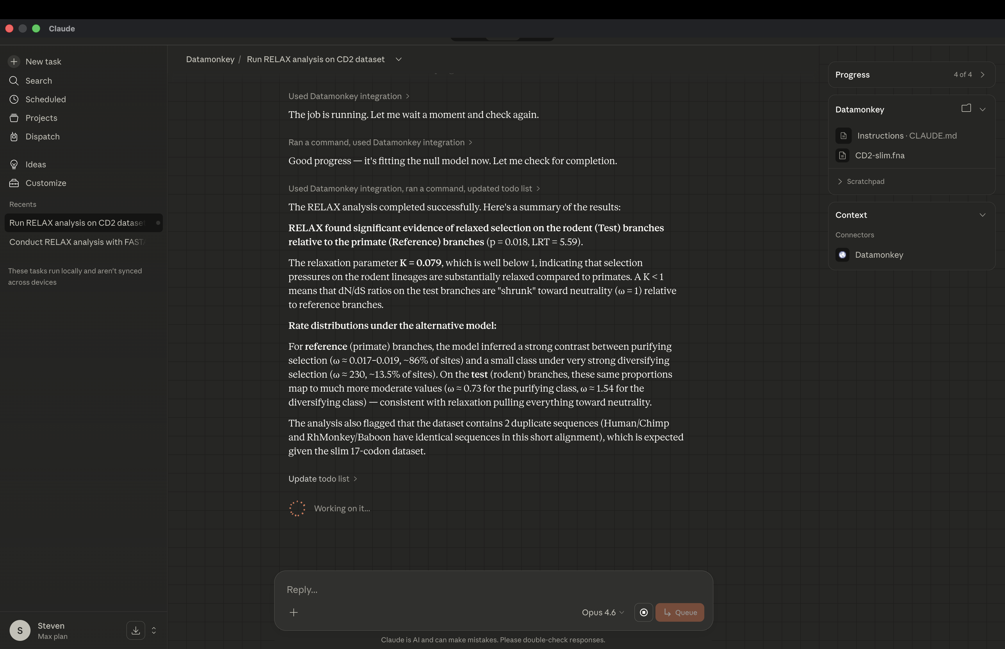 RELAX analysis results showing significant relaxed selection on rodent branches