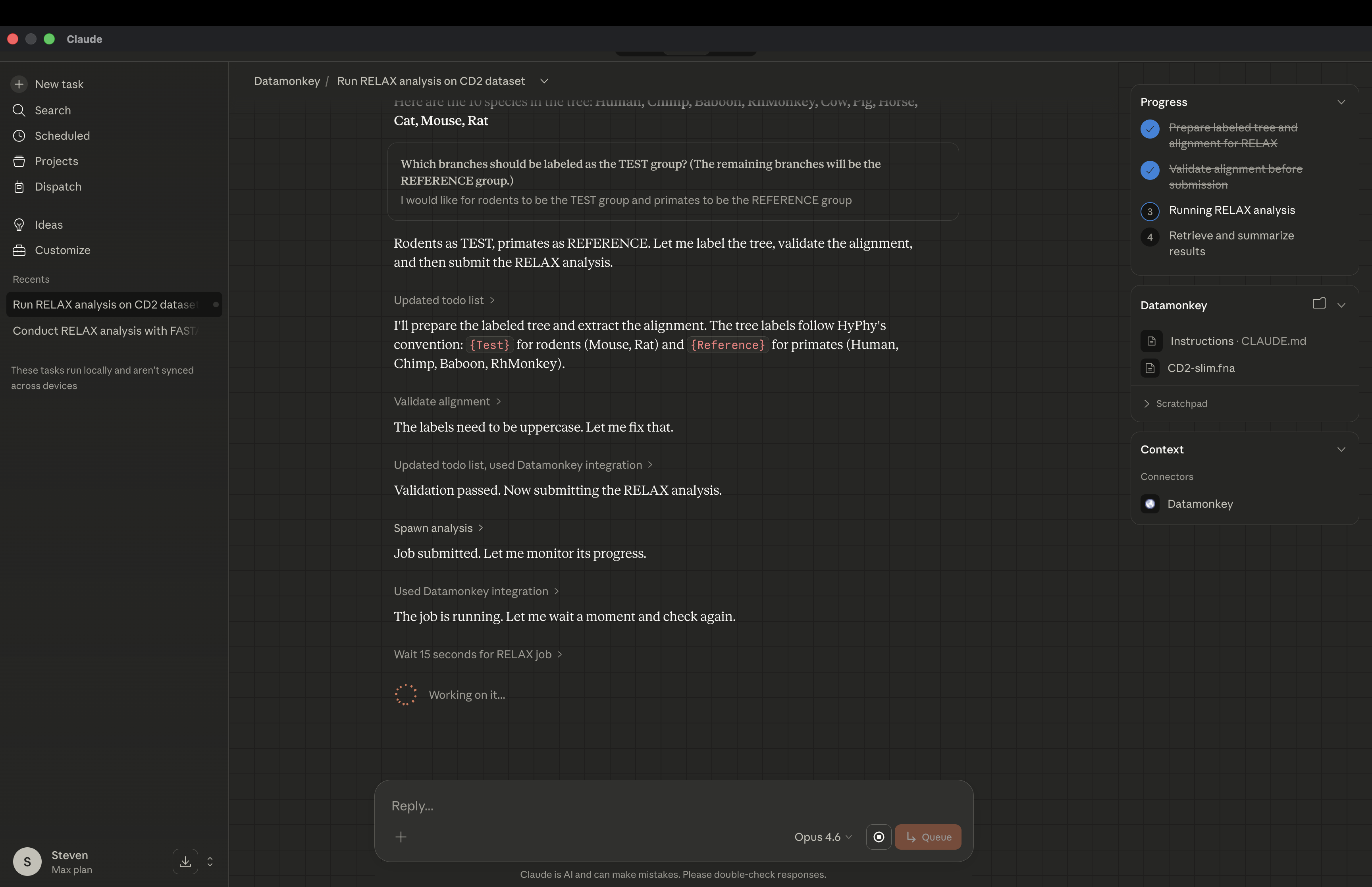 Claude running the RELAX analysis — tree labeling, validation, and job submission